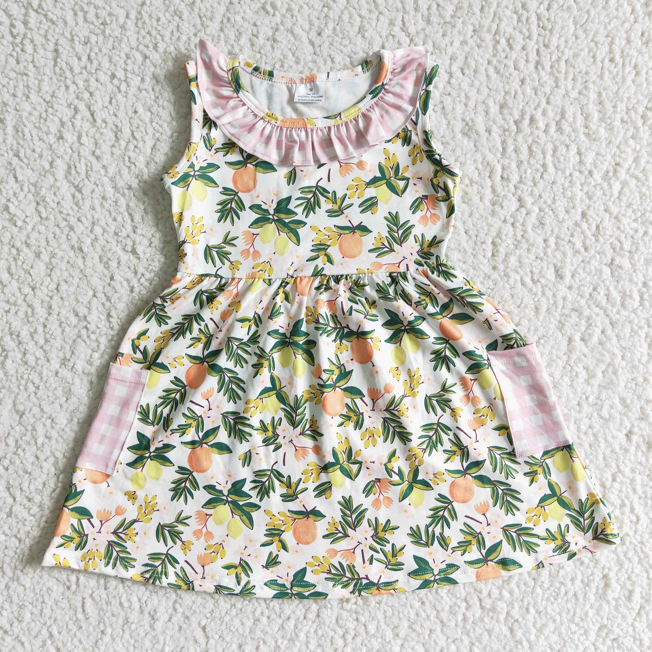 Promotion Baby Girl Sleeveless Peach Floral Pocket Dress