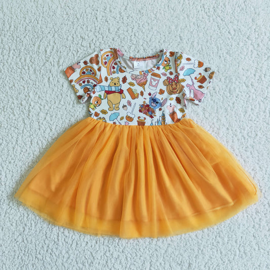 Promotion Baby Girl Short Sleeves Halloween Cartoon Pumpkins Orange Tulle Dress