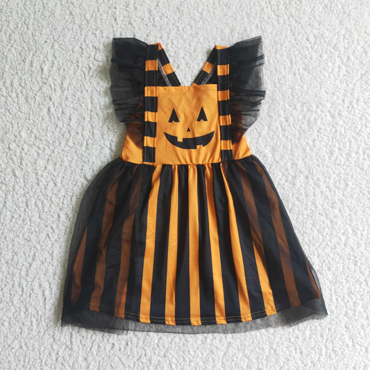 Promotion Baby Girl Short Sleeves Halloween Pumpkin Stripes Tulle Dress