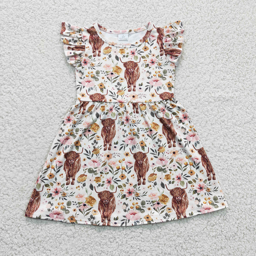 Baby Girl Short Sleeves Western Cow Flower Sibling Dress Romper Clothes Set