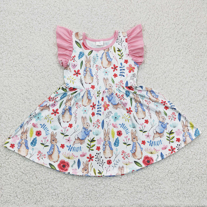 Baby Girl Short Sleeves Easter Flower Rabbits Sibling Romper Dress