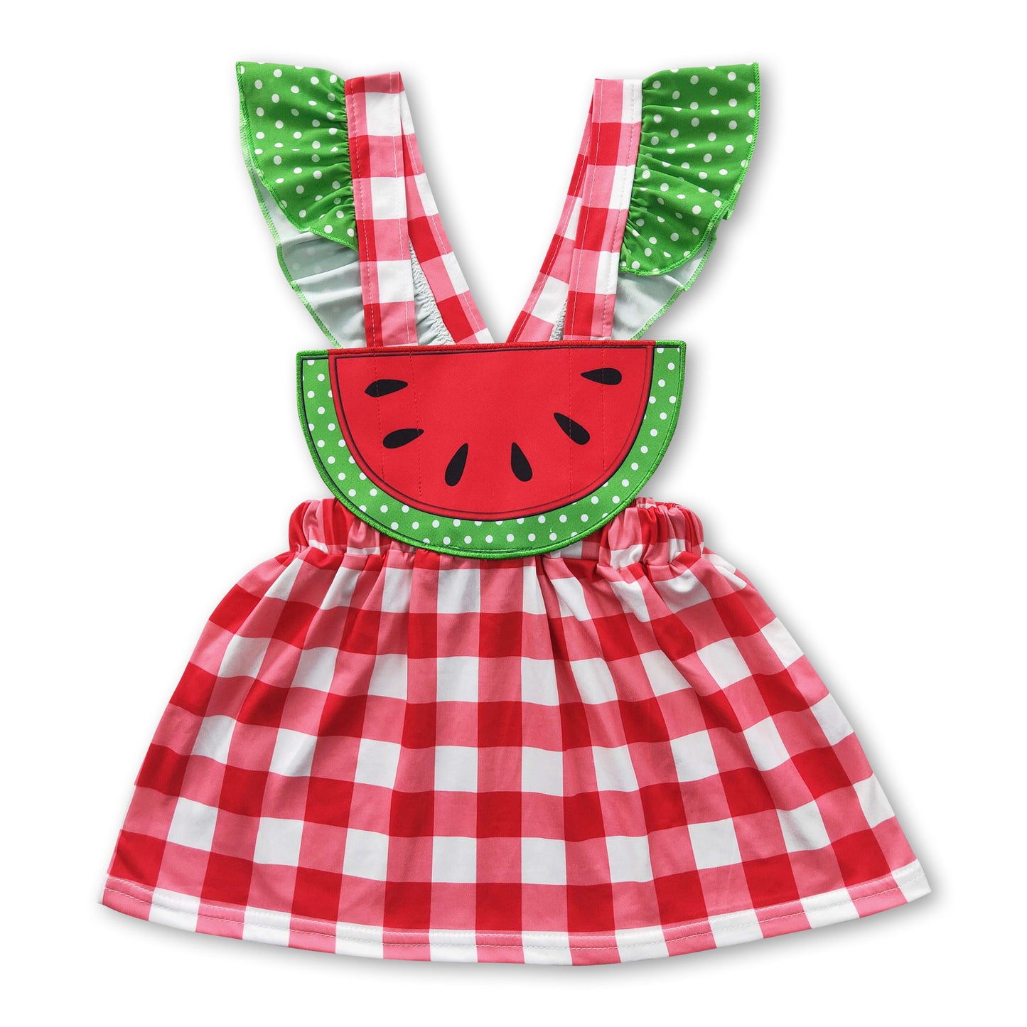 Promotion Baby Girl Short Sleeves Embroidery Watermelon Summer Red Plaid Dress