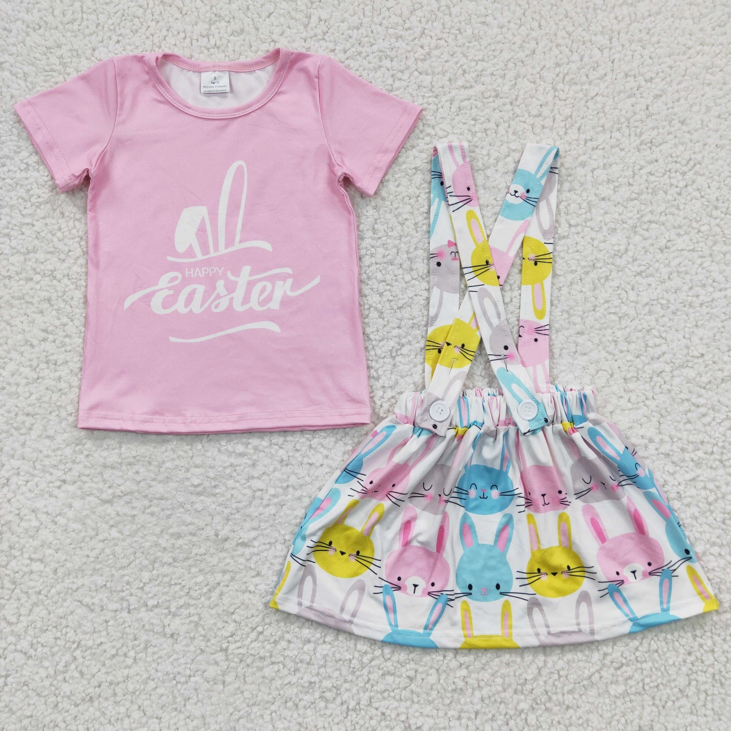 Promotion Baby Girl Easter Short Sleeves Shirt Suspender Skirt Outfit RTS