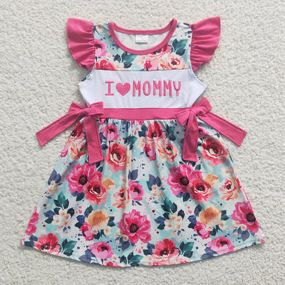 Baby Girl Short Sleeves Embroidery I Love Mom Floral Sibling Romper Dress