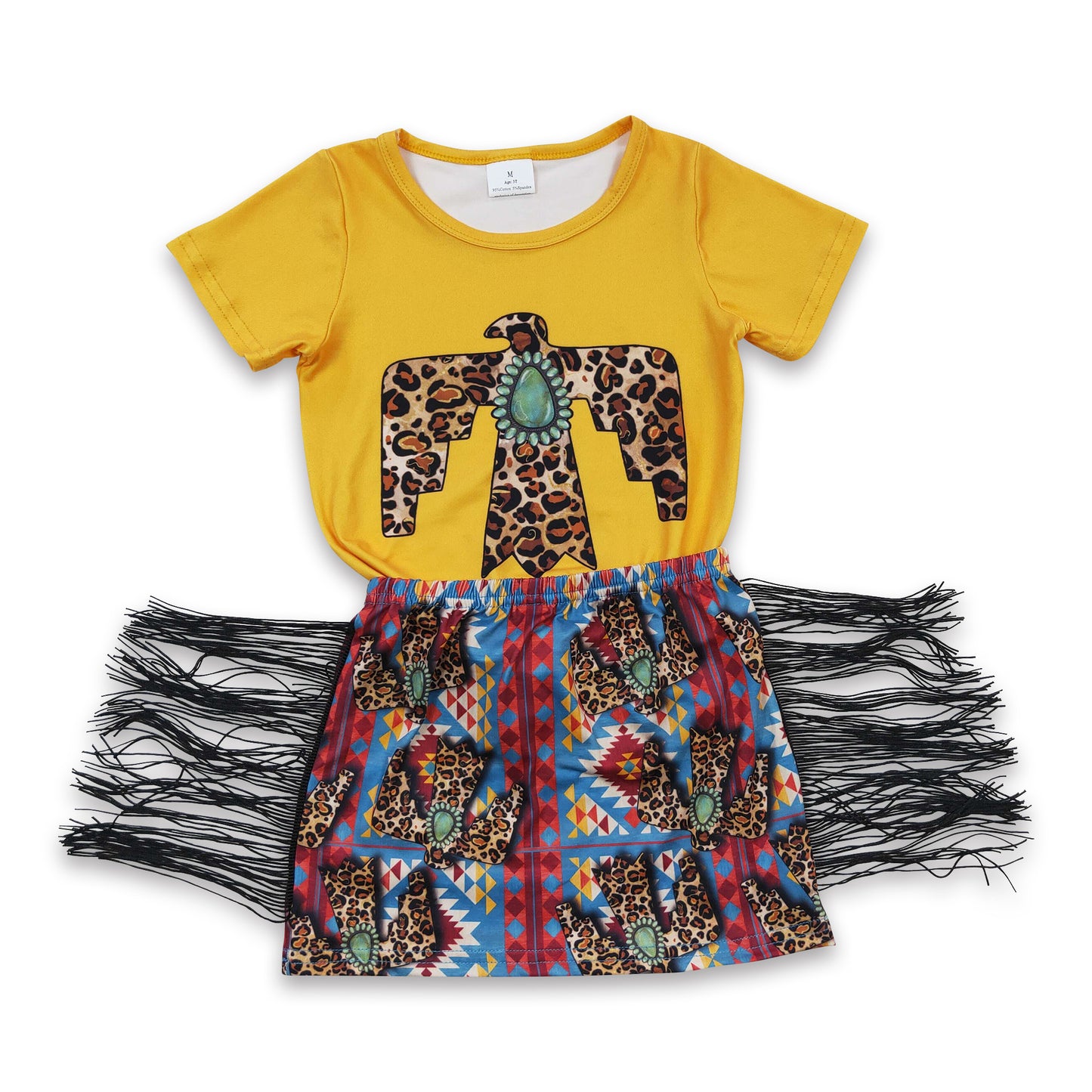 Promotion Baby Girl Summer Western Leopard Tassel Skirt Outfit RTS