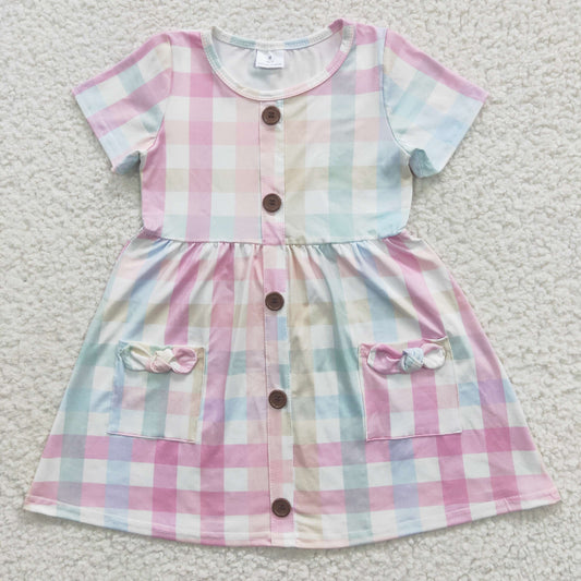 Promotion Baby Girl Plaid Pocket Short Sleeves Easter Dress