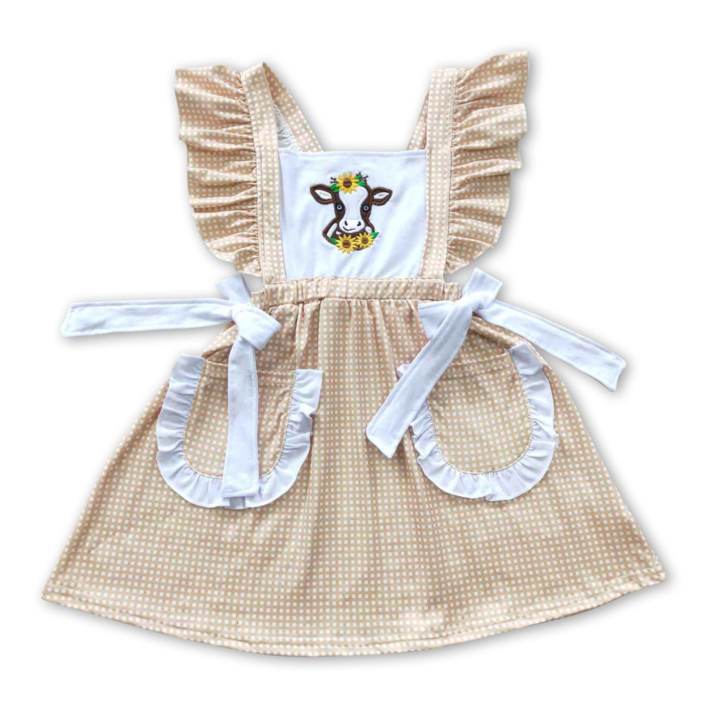 Promotion Baby Girl Short Sleeves Embroidery Western Flower Cow Pockets Dress RTS