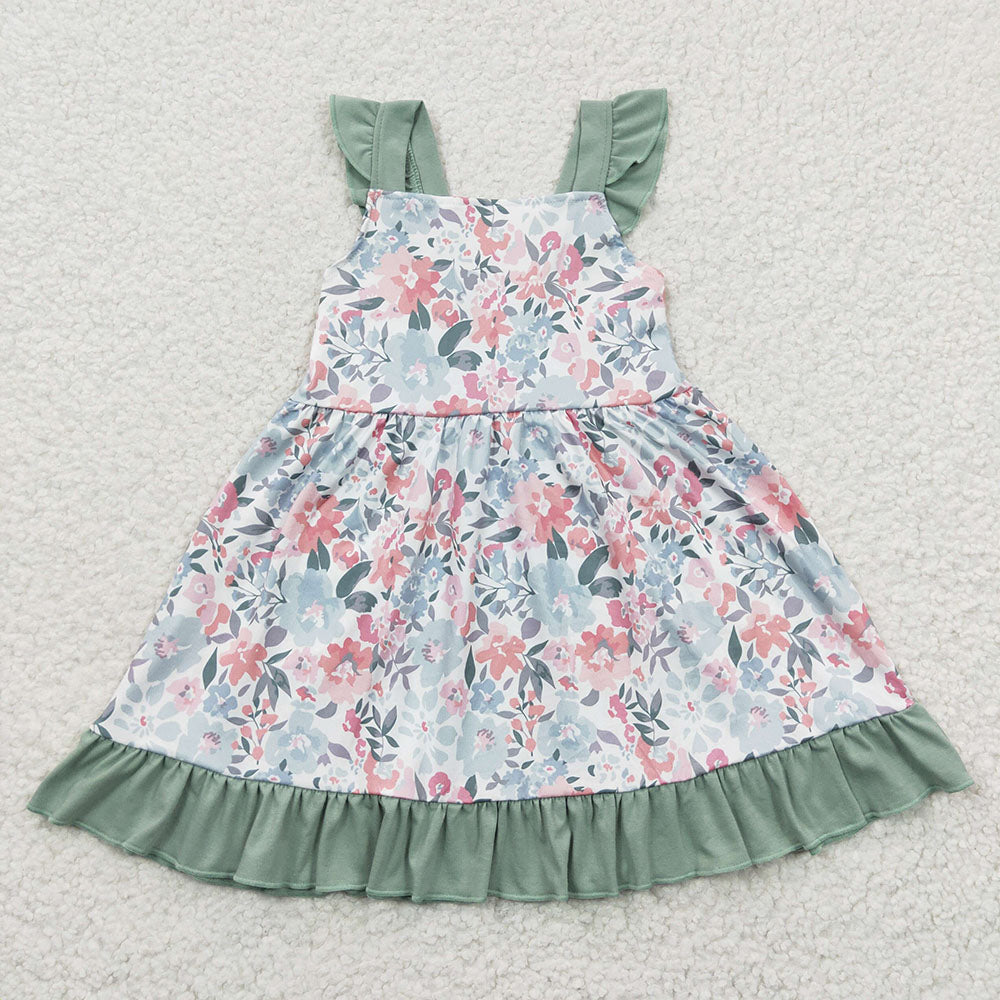 Baby Girl Green Floral Checked Sibling Dress Outfit Clothes Set RTS