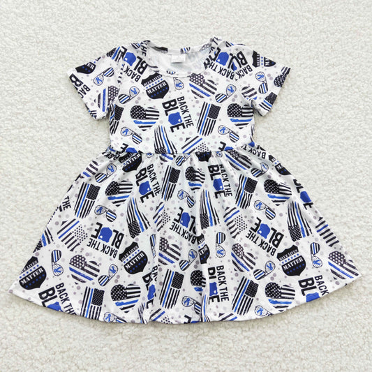 Promotion Baby Girl Short Sleeves Hearts Flags Blue Knee Length Dress RTS