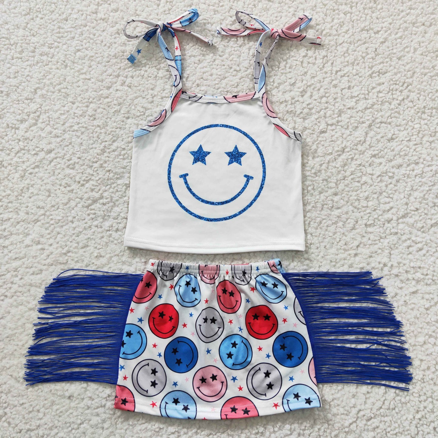 Promotion Baby Girl Face Halter Tops Shorts Summer Tassel Skirt Outfit RTS