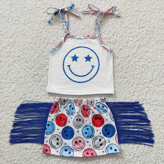 Promotion Baby Girl Face Halter Tops Shorts Summer Tassel Skirt Outfit RTS