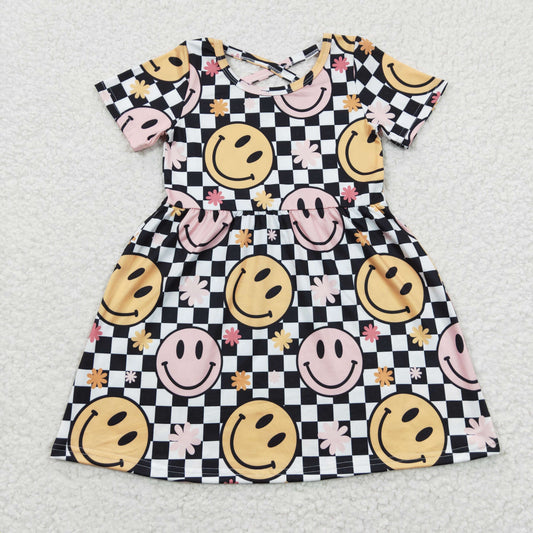 Promotion Baby Girl Short Sleeves Smile Flower Checked Knee Length Dress RTS
