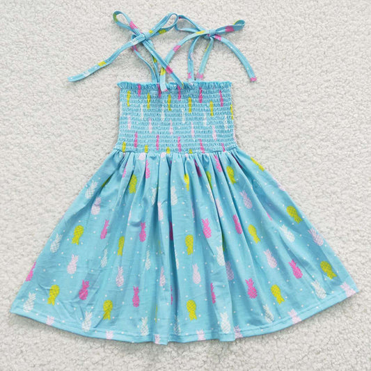 Promotion Baby Girl Summer Halter Sleeveless Elastic Smocked Pineapple Dress