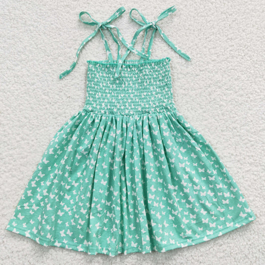 Promotion Baby Girl Summer Halter Sleeveless Elastic Smocked Butterfly Green Dress