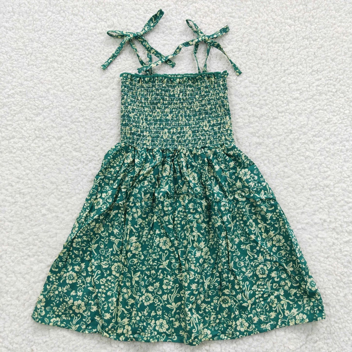 Promotion Baby Girl Summer Halter Sleeveless Elastic Smocked Floral Green Dress RTS