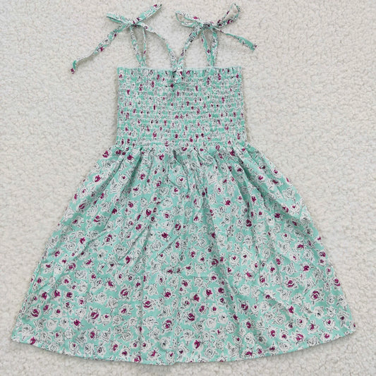 Promotion Baby Girl Summer Halter Sleeveless Elastic Smocked Floral Green Dress RTS