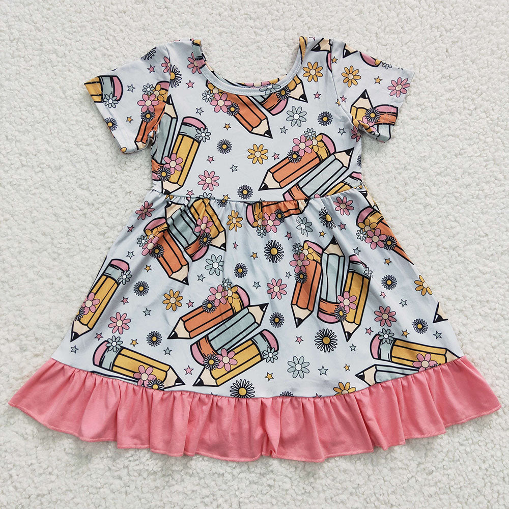 Baby Girl Short Sleeves Apple Pencil Back To School Sibling Clothes Dress RTS