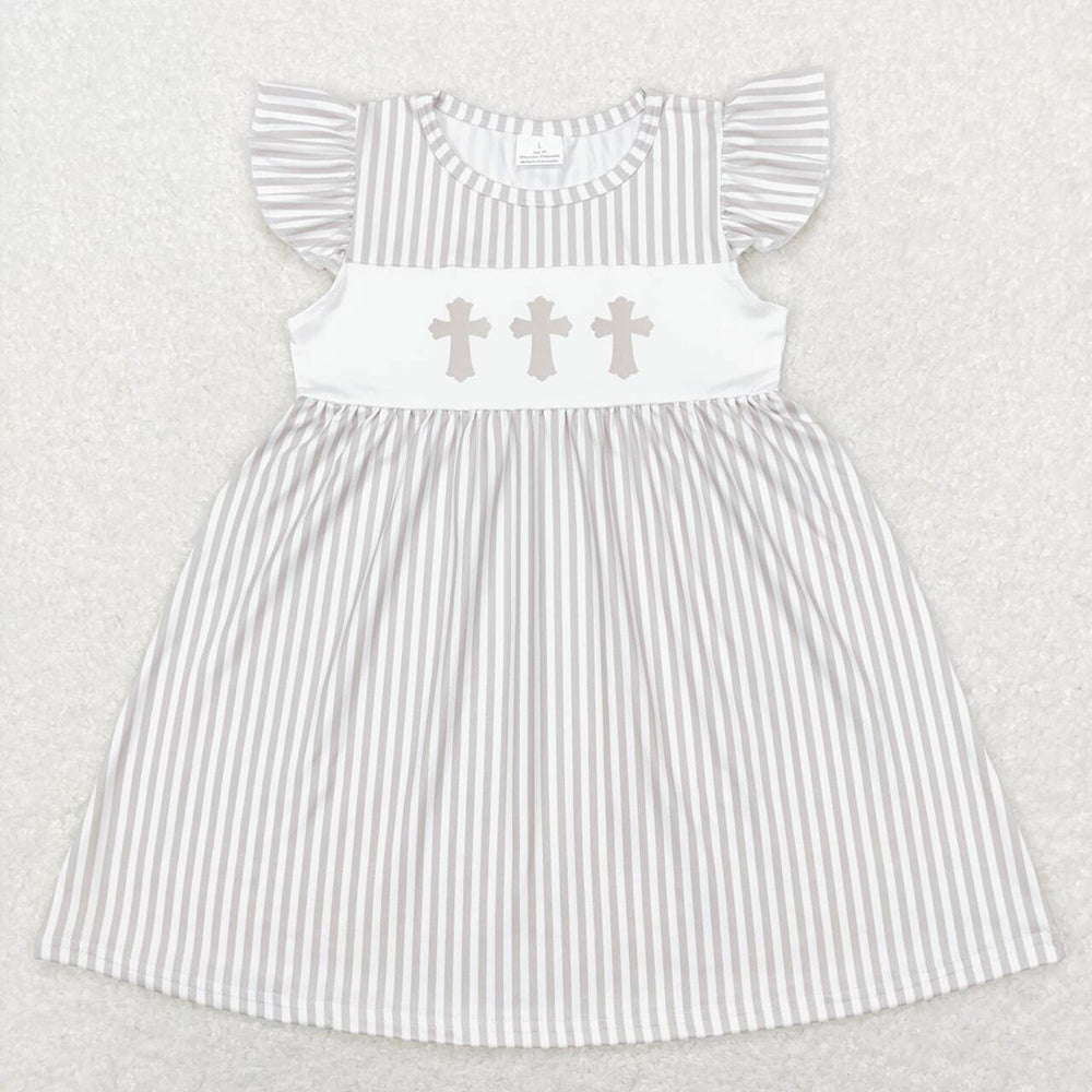 Baby Boy Girl Short Sleeves Grey Stripes Easter Cross Sibling Romper Dress Set