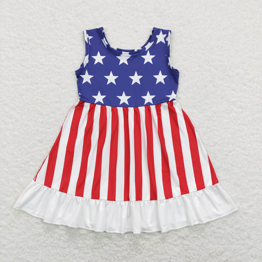 Baby Girl Short Sleeves Stars 4th Of July Sibling Knee Length Dress RTS