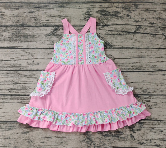 Pre-order Baby Girl Sleeveless Floral Pocket Summer Pink Ruffle Dress