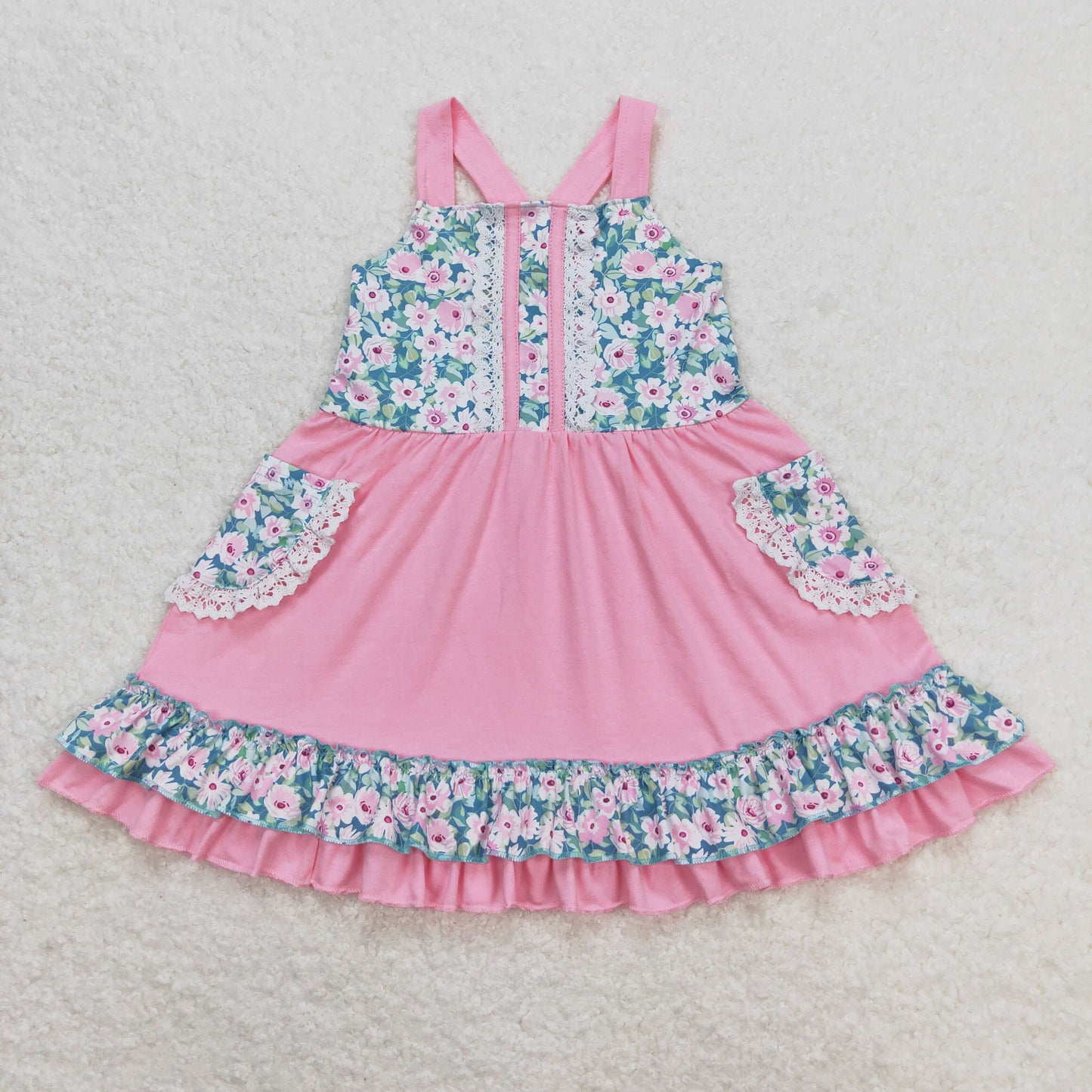 Sibling Baby Girls Strap Kids Flowers Ruffle Knee Length Dresses RTS