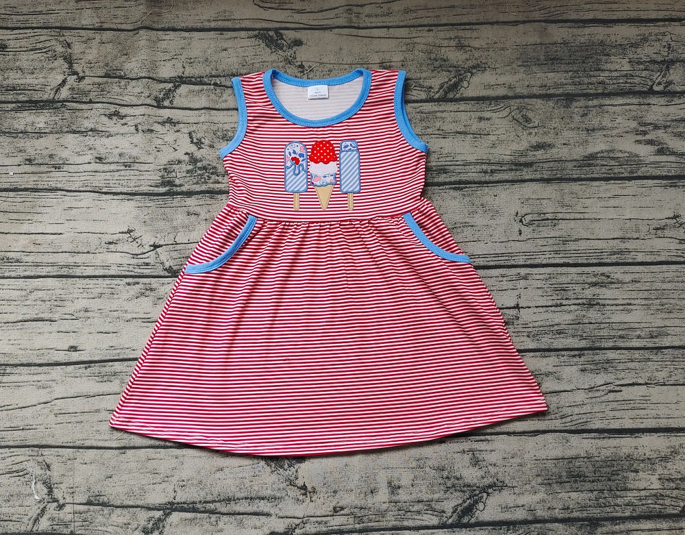 No moq Pre-order Baby Girl Sleeveless Popstick Stripe Pocket July 4th Summer Dress