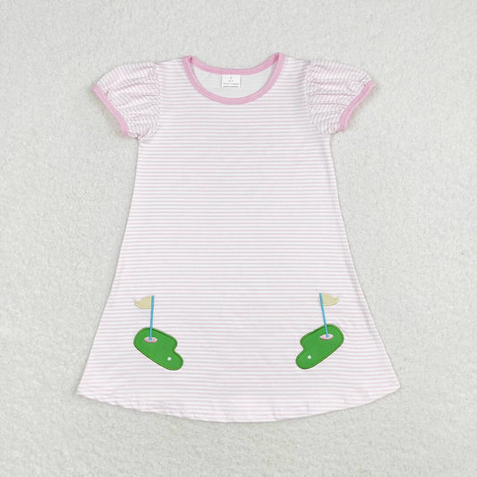 Baby Girl Short Sleeves Pink Stripes Embroidery Golf Dress