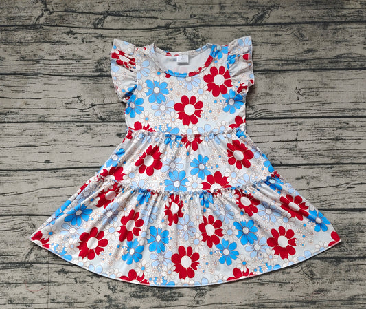 Pre-order Baby Girl Short Sleeves Blue Red Flower Summer July 4th Dress