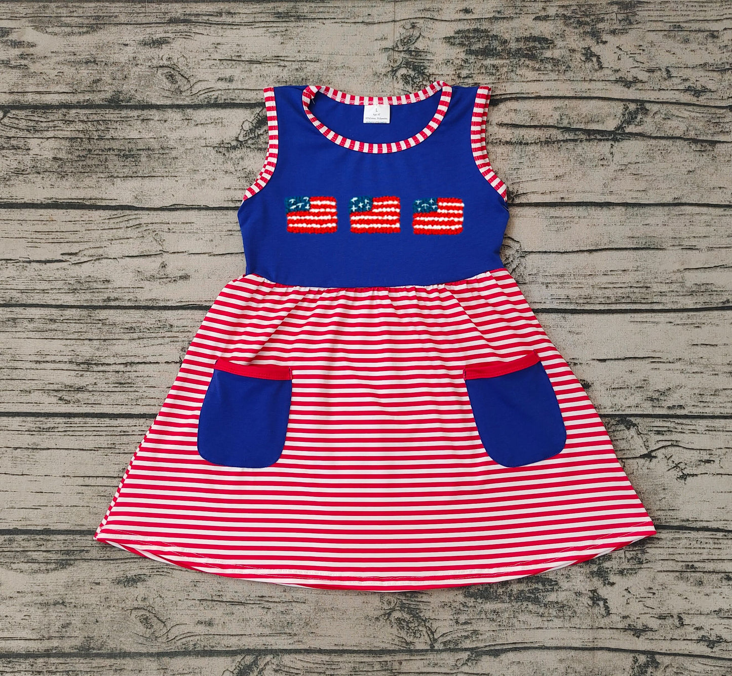 No moq Pre-order July 4th Baby Girl Flag Stripes Pocket Sleeveless Dress