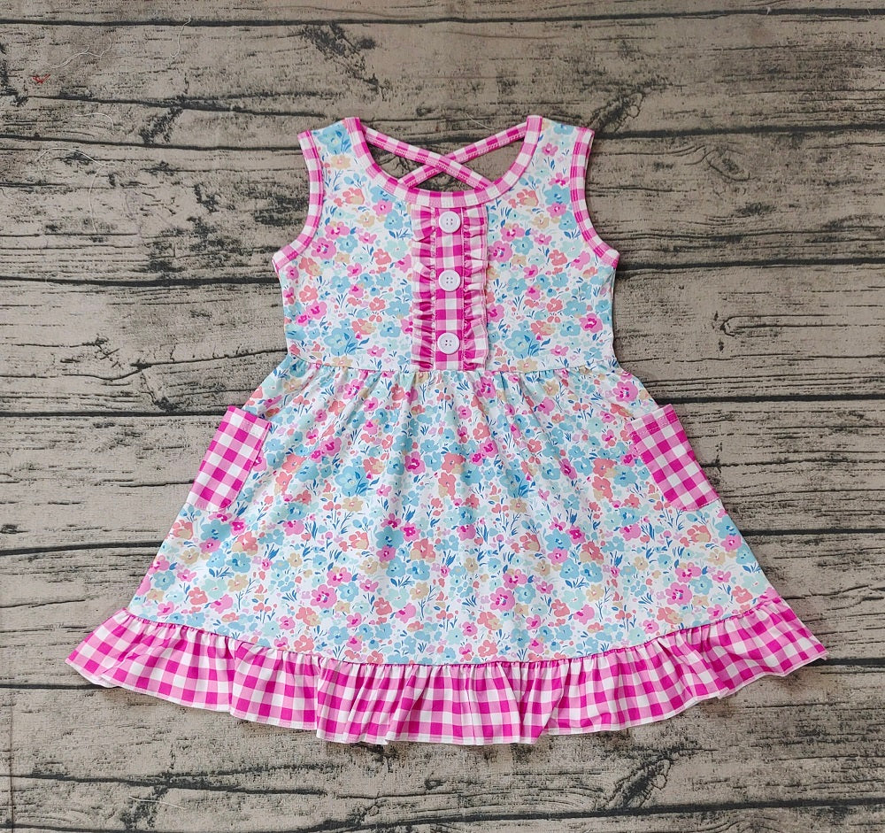 No moq Pre-order Baby Girl Sleeveless Floral Summer Plaid Pocket Dress