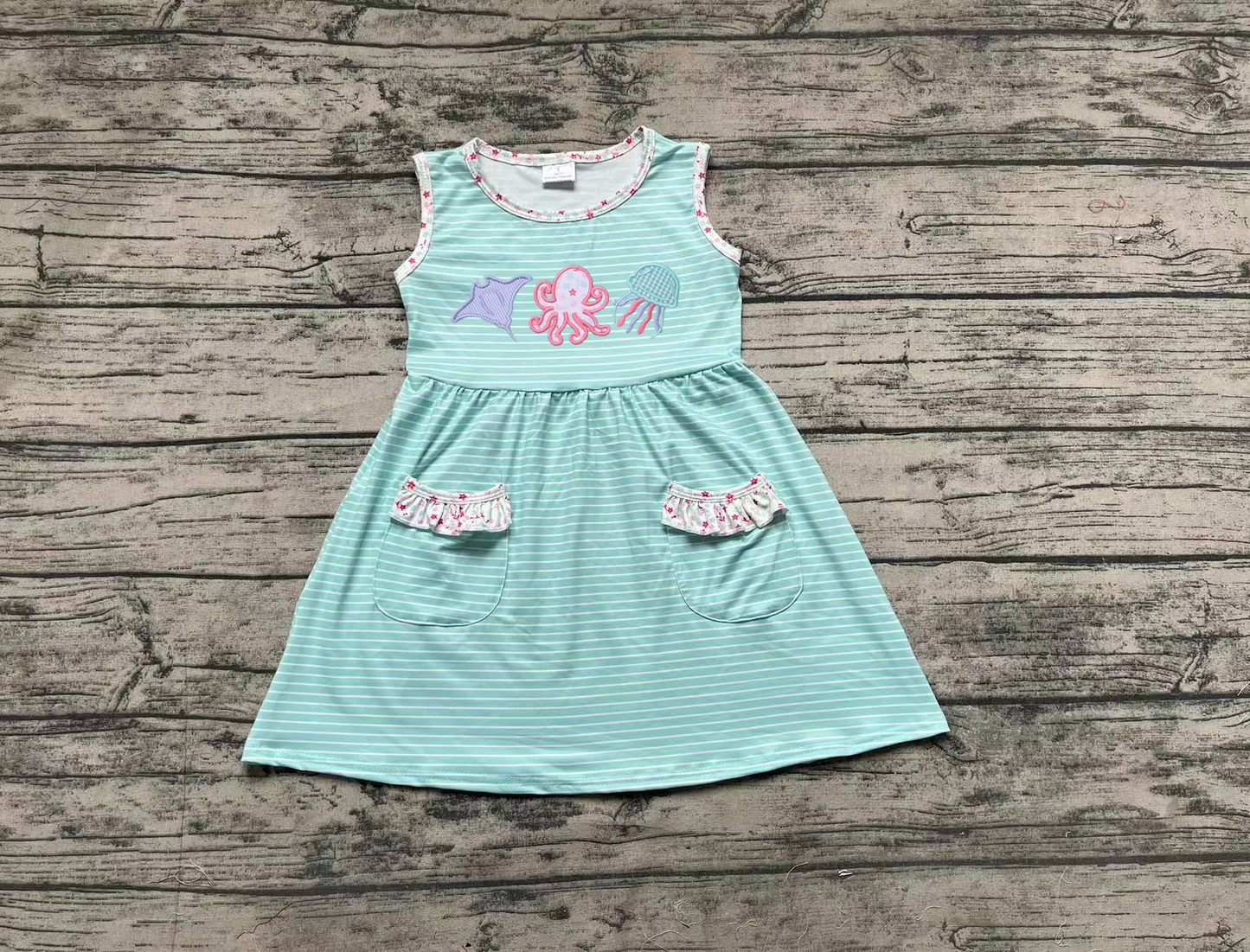 No moq Pre-order Baby Girl Sleeveless Stripes Pocket Octupos Summer Dress