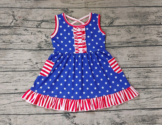 No moq Pre-order July 4th Baby Girl Sleeveless Stars Stripes Pocket Dress