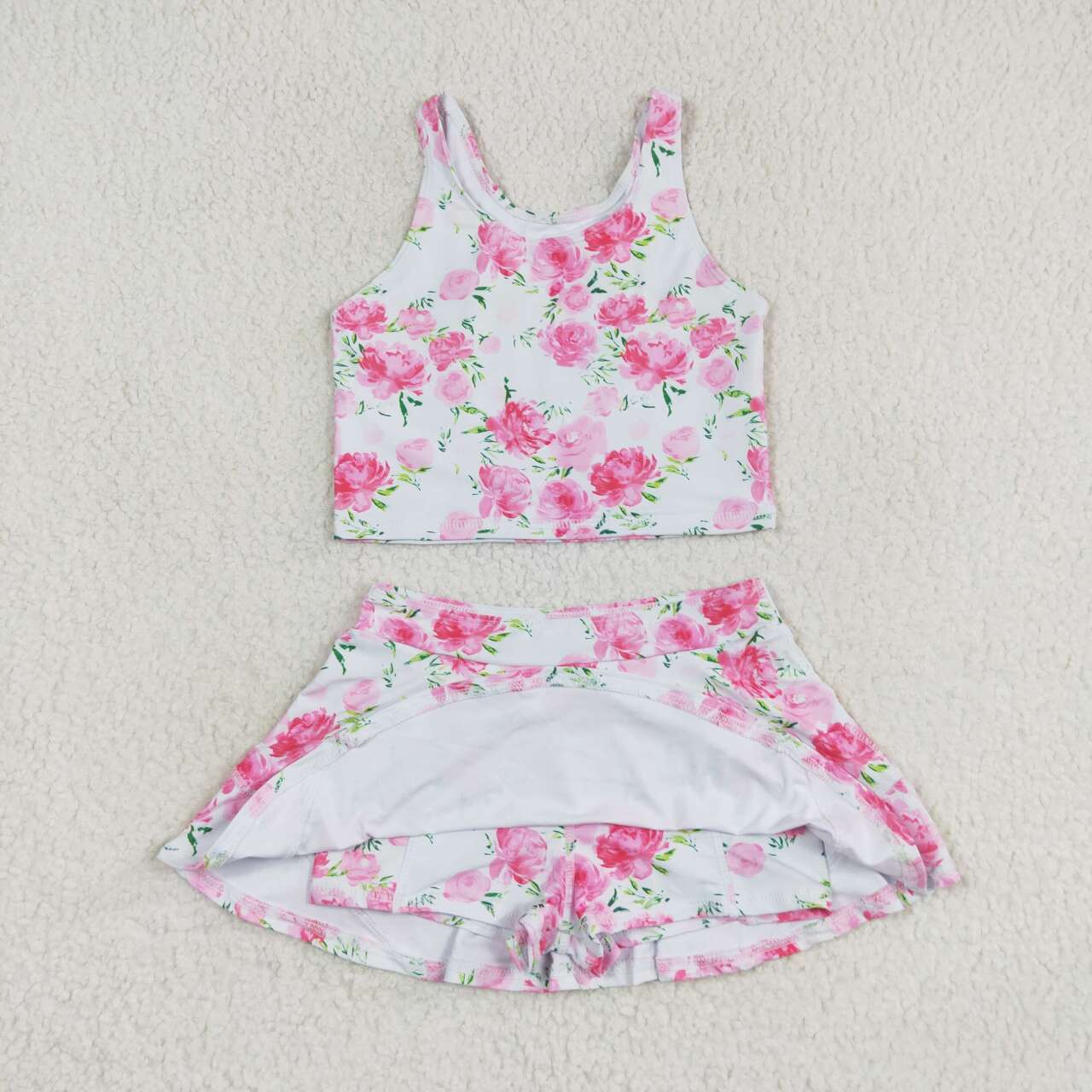 Baby Girl Sleeveless Pink Floral Skirt Shorts Set Swimsuit