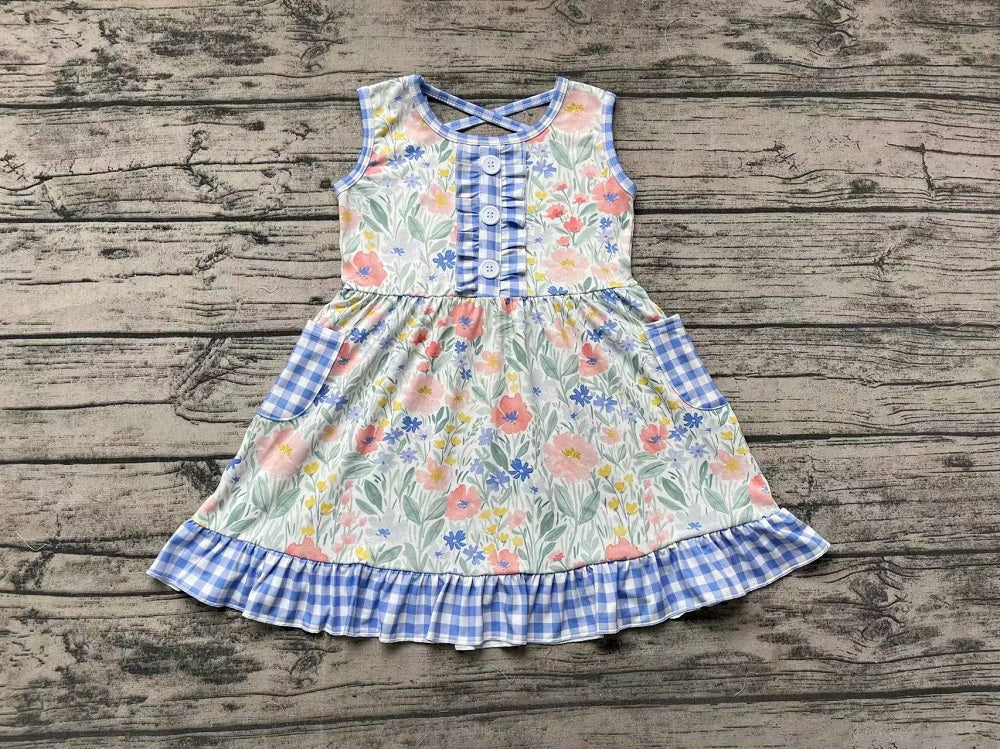 Pre-order Baby Girl Sleeveless Floral Blue Plaid Pocket Summer Dress