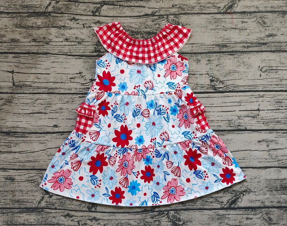 Baby Girl July 4th Floral Red Plaid Pocket Dress