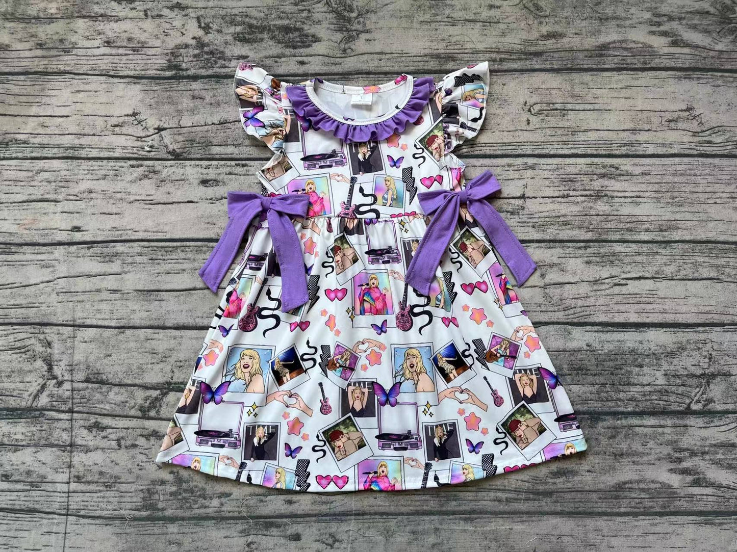 Baby Girl Short Sleeves Singer Hearts Purple Ruffle Dress