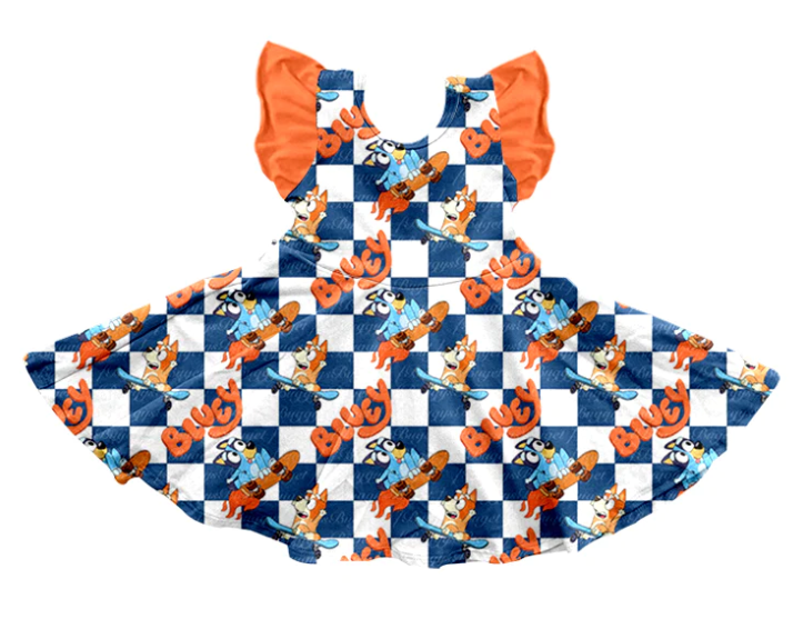 Moq 3 Pre-order Baby Girl Short Sleeves Dogs Checkered Summer Dress