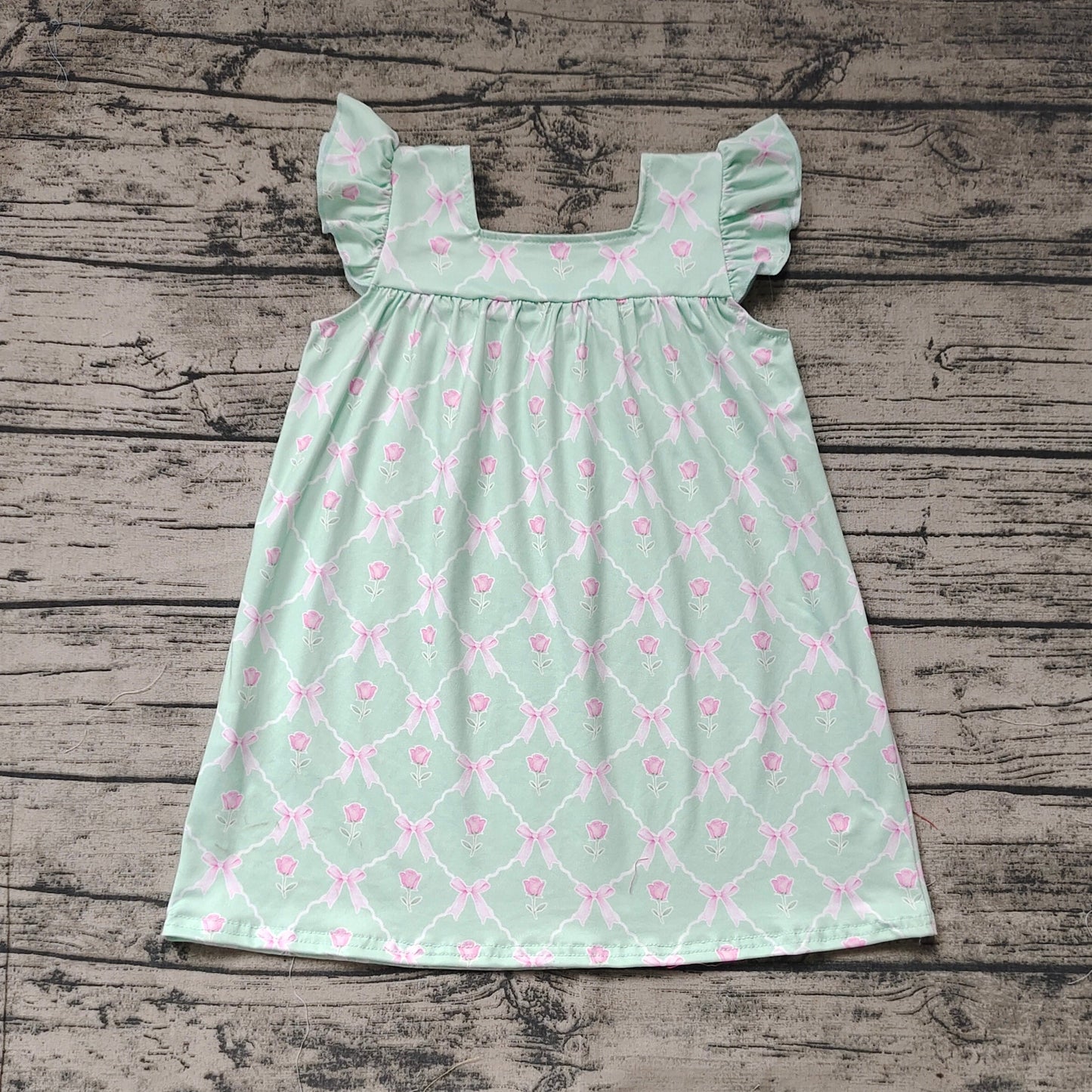 Baby Girl Short Sleeves Green Bows Ruffle Dress