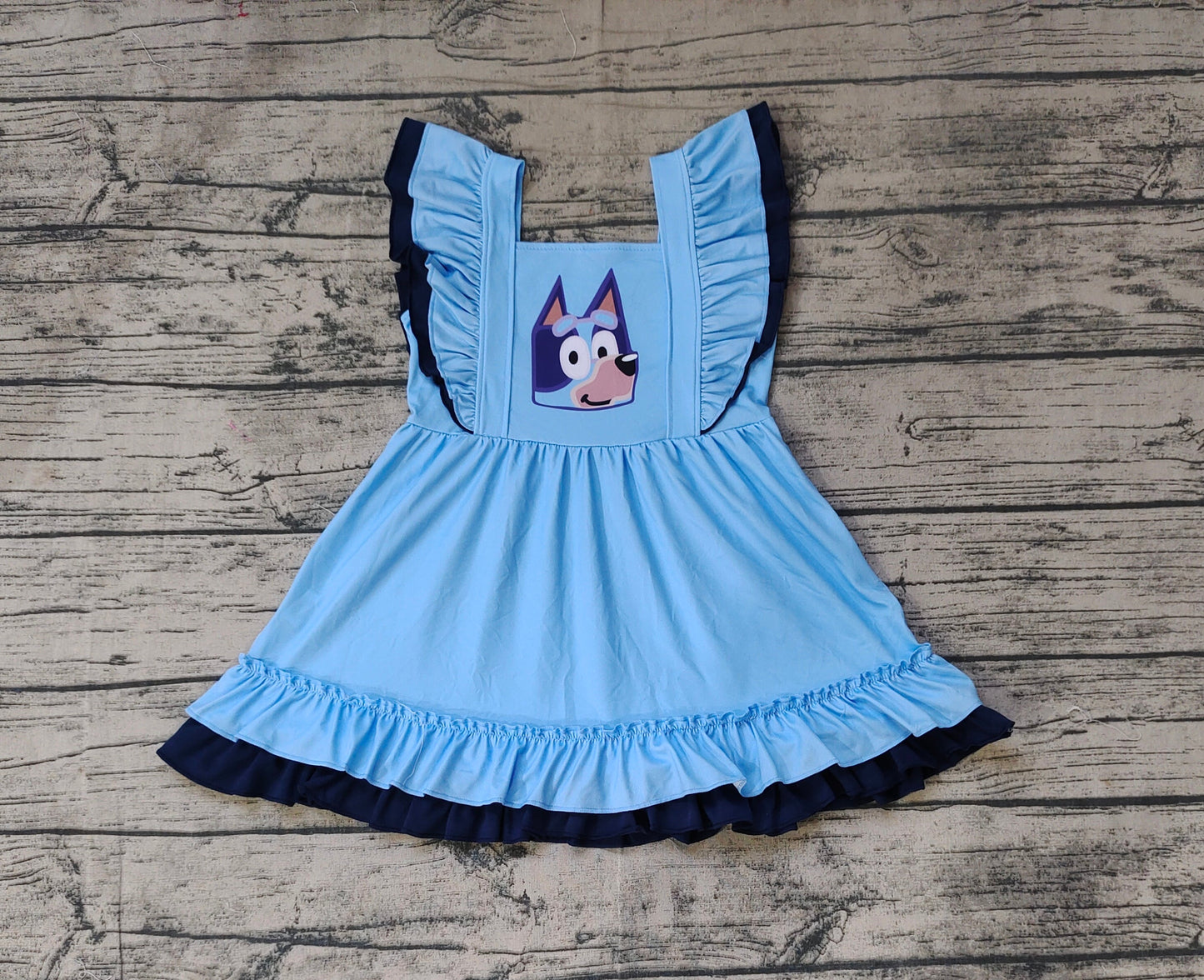 Baby Girl Short Sleeves Dogs Blue Dress