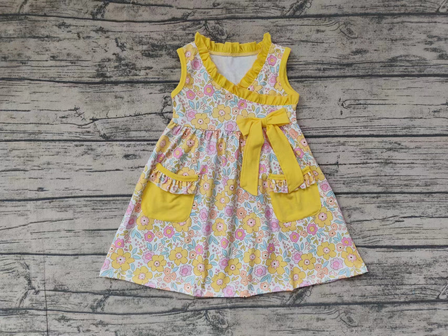 Baby Girl Sleeveless Flower Bow Pocket Yellow Dress