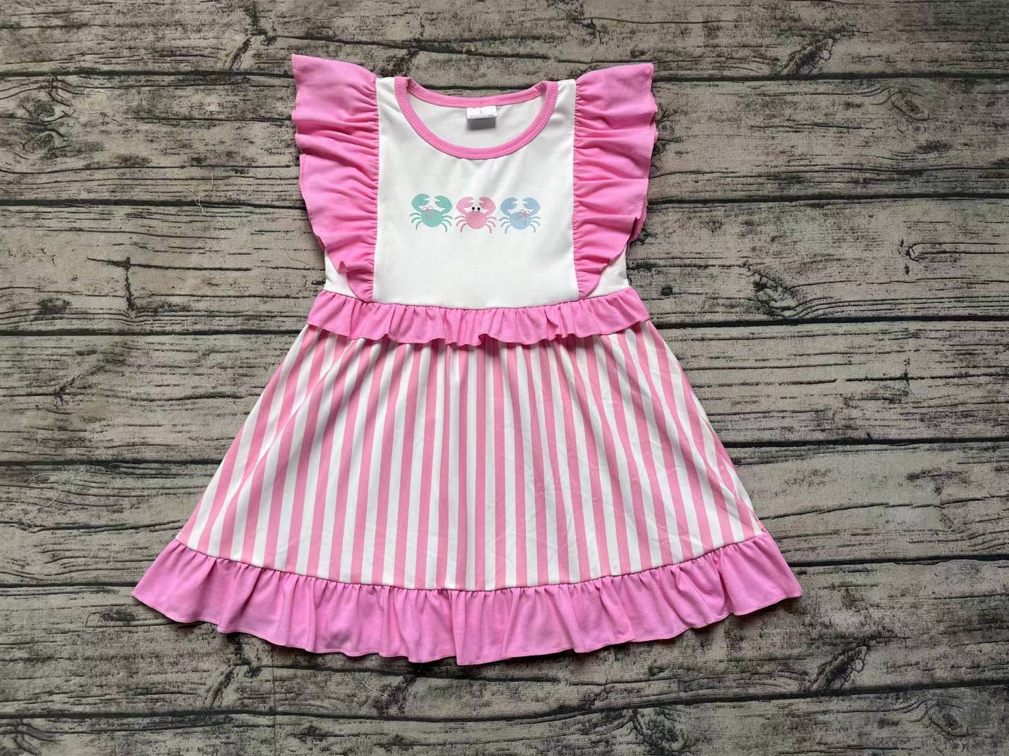 Baby Girl Short Sleeves Crabs Pink Stripes Dress