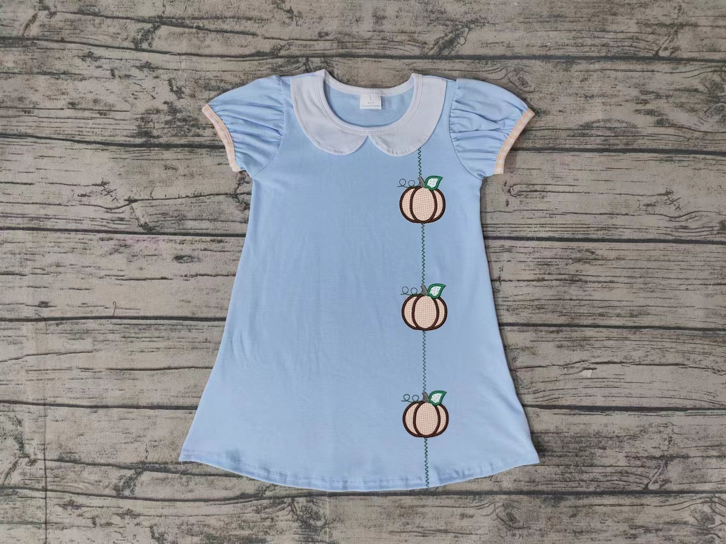 Baby Girl Short Sleeves Embroidery Pumpkin Blue Dress