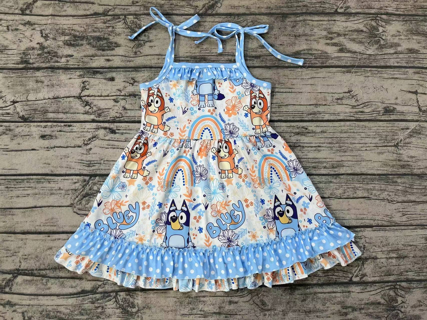 Baby Girl Summer Sleeveless Dogs Rainbow Flower Blue Dress