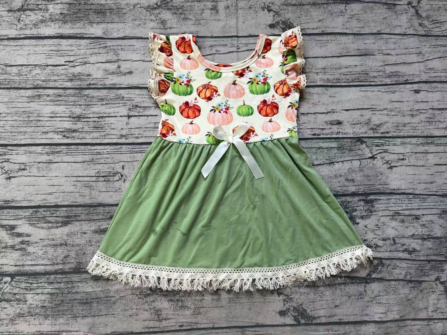 Baby Girl Short Sleeves Pumpkin Floral Fall Green Dress