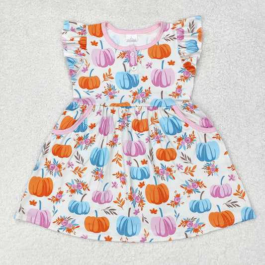 Baby Girl Short Sleeves Pumpkin Flower Pocket Fall Dress