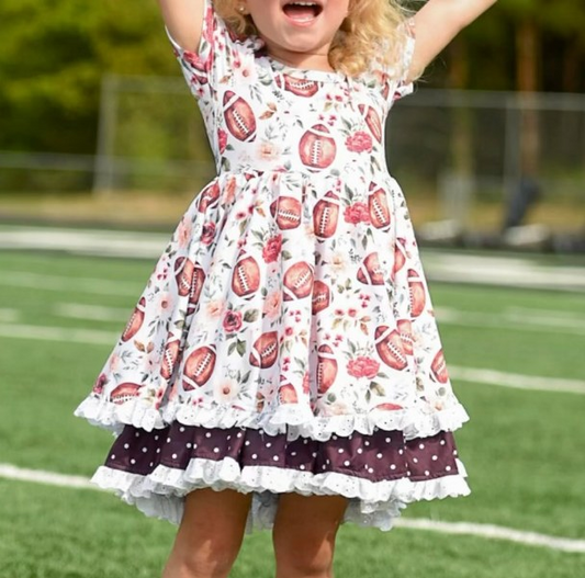 Pre-order Baby Girls Football Flowers Short Sleeves Ruffle Dress