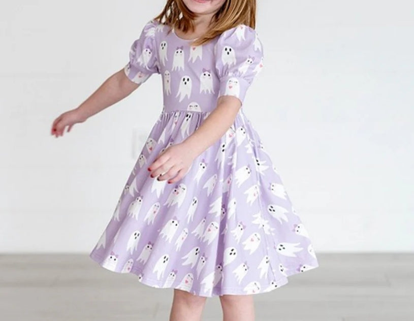 Pre-order Baby Girl Short Sleeves Halloween Ghost Purple Dress