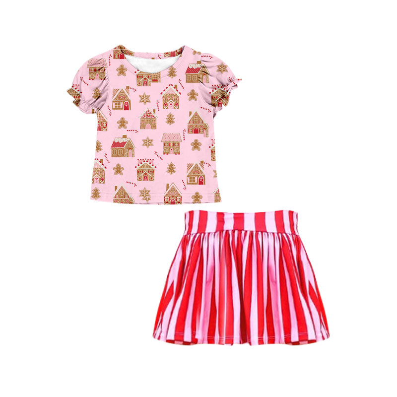 Pre-order Baby Girl Christmas Gingerbread House Tops Skirt Set