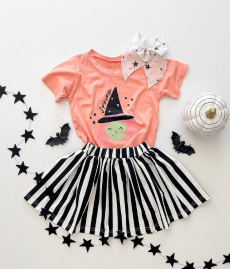 Pre-order Baby Girl Halloween Shirt Black Stripes Skirt Set