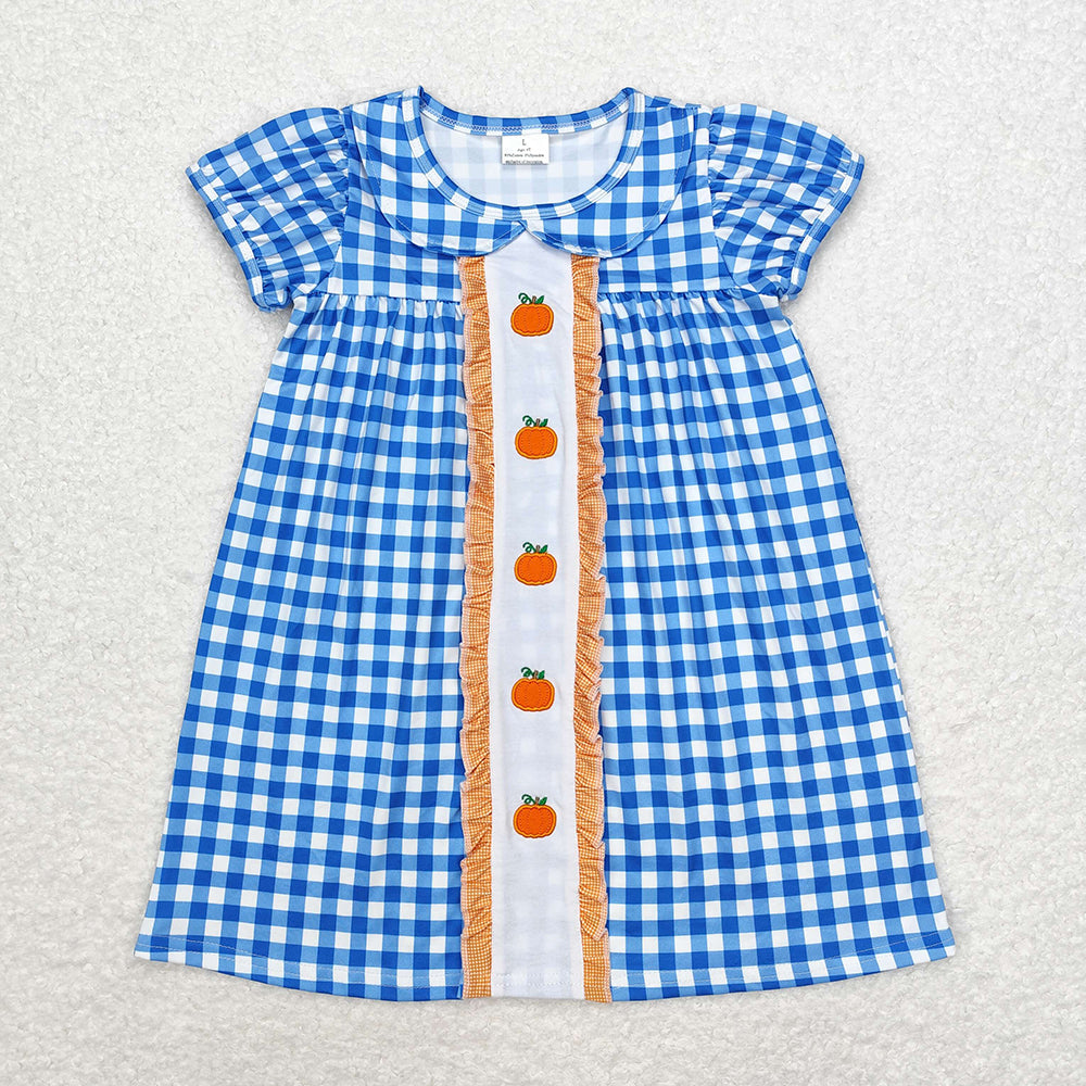 Baby Boy Girl Embroidery Pumpkin Sibling Blue Plaid Romper Dress Set